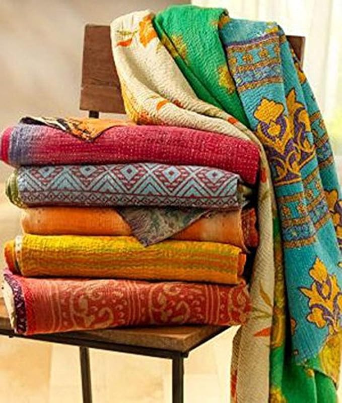 Wholesale Mix lot Tribal Kantha Quilts Reversible Vintage Cotton Bedspread Sari Throw Old Assorted Patches Bed Cover Rally (5)-Ruum Studio Home