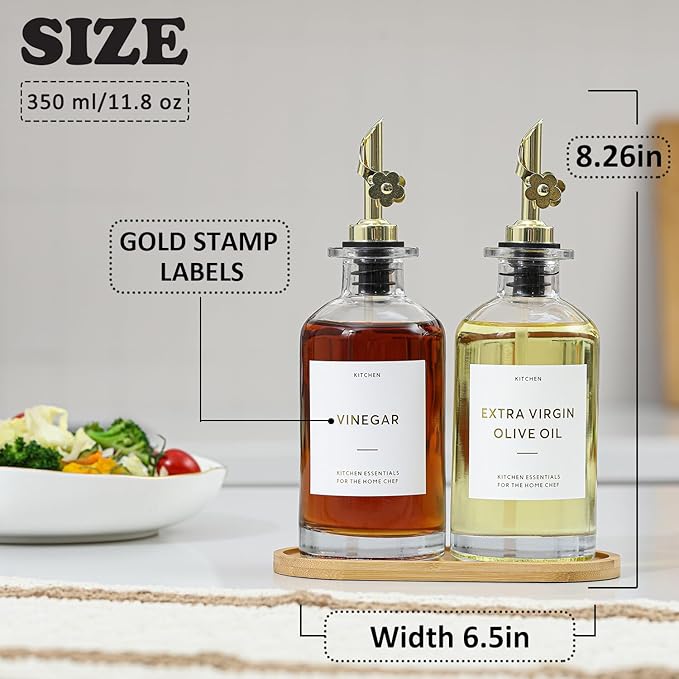 HOMCDALY Olive Oil Dispenser for Kitchen, 11.8oz Glass Dispenser Bottles with Pourer for Kitchen, Oil and Vinegar Dispensers Set, Leakproof Oil Bottle for Cooking| Set of 2 (11.8oz)-Ruum Studio Home