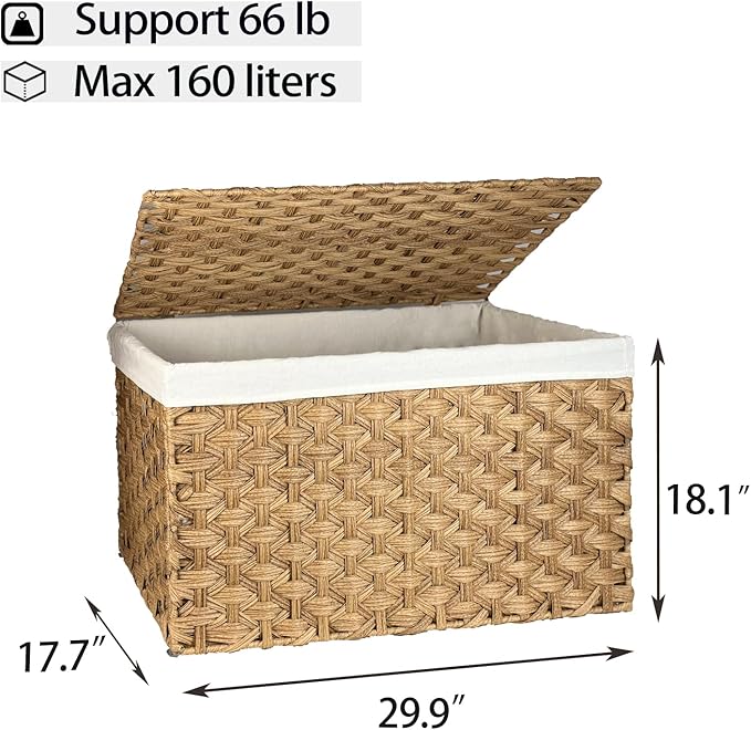 Wicker Storage Basket with Lid, 42.3 Gallon (160L) Large Blanket Basket with Lid, Woven Storage Bin with Handles, Removable Liner, Metal Frame, Foldable, for Bedroom, Laundry Room, Natural-Ruum Studio Home