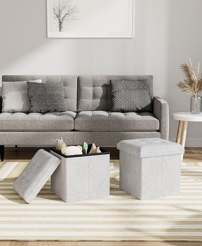 15 Inches Small Folding Storage Ottoman Cube, Storage Footrest, Foot Rest Stool, for Living Room, Bedroom, Dorm, Hallway, Entryway, Light Gray-Ruum Studio Home