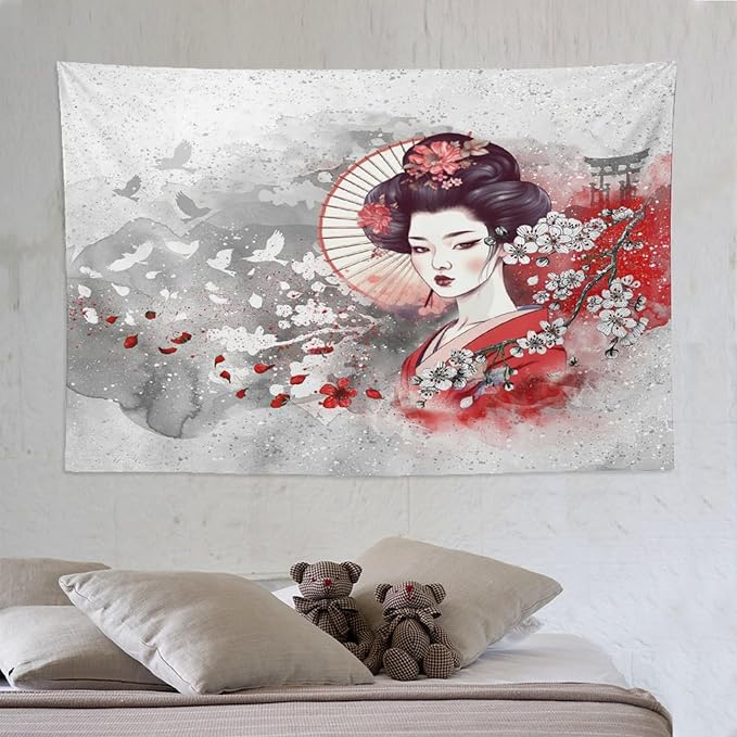 Japanese Geisha Tapestry Asian Red Cherry Blossom Traditional Kimono Folk Tapestries Home Decor for Living Room Bedroom Apartment Farmhouse Dorm 90"x60"-Ruum Studio Home