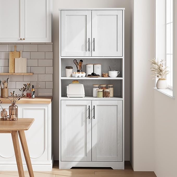 GarveeHome 67" Tall Storage Cabinet, Tall Bathroom Cabinet with 4 Doors and Adjustable Shelves, Freestanding Kitchen Pantry Cabinets, Cupboard for Living Room, Dining Room, Antique White-Ruum Studio Home