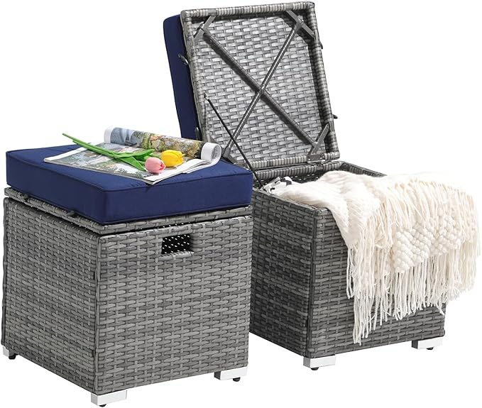 Patiorama 2 Piece Outdoor Patio Ottomans,All-Weather Grey PE Rattan Wicker Ottoman with Storage,Outdoor Footrest Footstool Seat w/Thick Cushion,Built-in Handle for Backyard Poolside Porch (Navy Blue)-Ruum Studio Home
