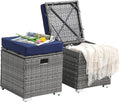 Patiorama 2 Piece Outdoor Patio Ottomans,All-Weather Grey PE Rattan Wicker Ottoman with Storage,Outdoor Footrest Footstool Seat w/Thick Cushion,Built-in Handle for Backyard Poolside Porch (Navy Blue)-Ruum Studio Home