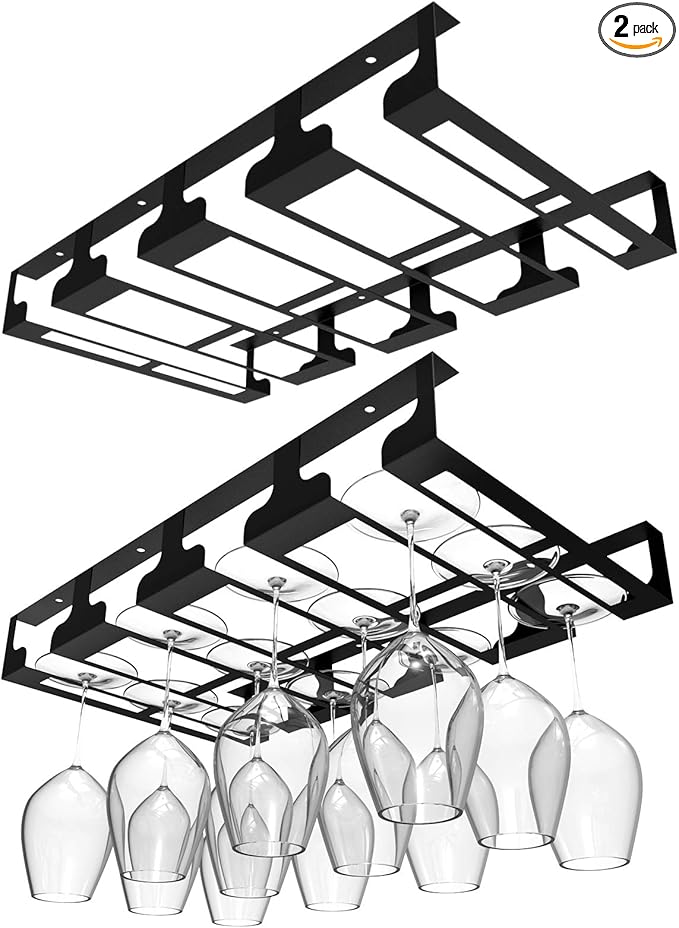 Wine Glass Rack - Under Cabinet Stemware Wine Glass Holder Glasses Storage Hanger Metal Hanging Organizer for Bar Kitchen, Black 4 Rows 2 Packs-Ruum Studio Home