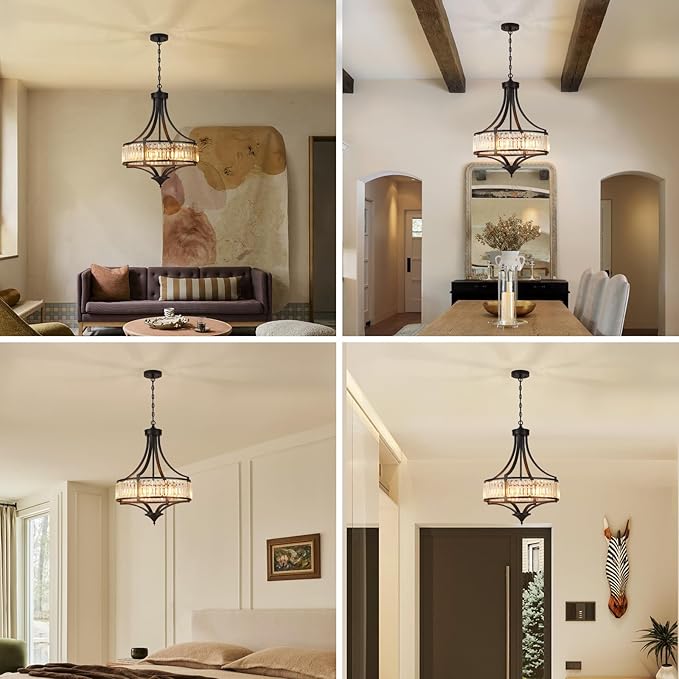 Modern Black Crystal Chandelier, 20 Inch Large Ceiling Pendant Light Fixture with 50'' Adjustable Hanging Chain, 5-Light Farmhouse Chandelier for Dining Room, Living Room, Bedroom, Entryway-Ruum Studio Home