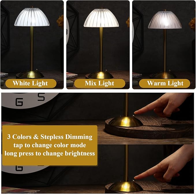 Liliful 4 Pcs LED Portable Cordless Table Lamp Touch Battery Operated Rechargeable Desk Lamp 3 Color Dimmable for Bedroom Living Room Dining (Mushroom Style,Gold)-Ruum Studio Home