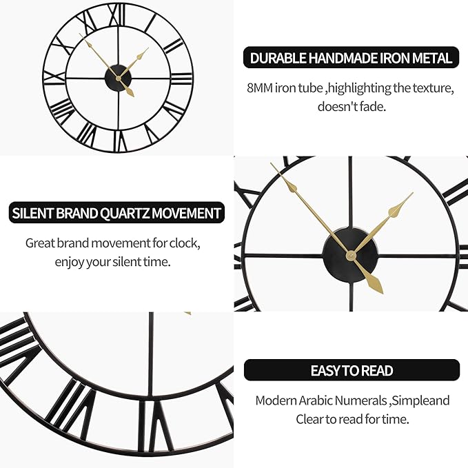 LEIKE 80CM Extra Large Wall Clock - 31" Oversize Modern Black Metal Roman Numeral Nearly Silent Little Ticking Battery Operated Wall Clocks for Living Room, Kitchen,Bedroom Farmhouse Home Decor-Ruum Studio Home