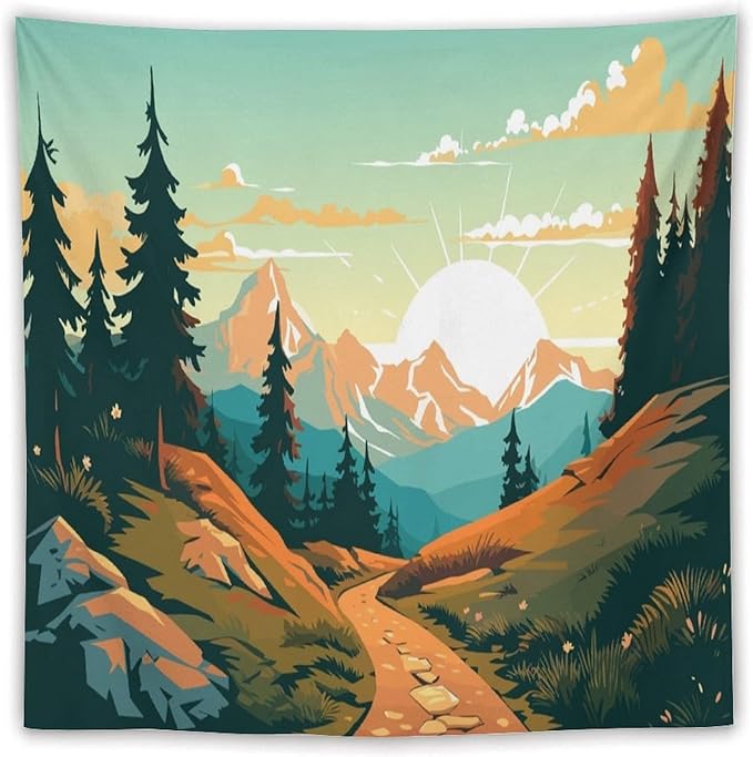 HZOHNAGO Mountain Tapestry Forest Mountain Sunrise Road Pattern Printed Wall Tapestry Wall Hanging for Bedroom Living Room Dorm 60" W x 60" H-Ruum Studio Home