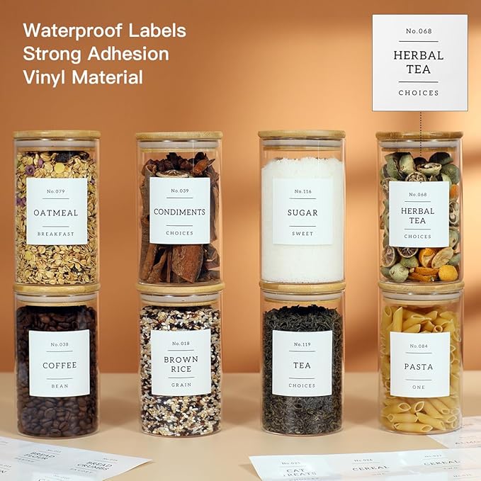 8 Pack Glass Jar with Airtight Bamboo Lid and White 132 Kichen Pantry Labels Preprinted - 21 Oz Clear Round Glass Food Storage Containers set For Tea Coffee Sugar Spice-Ruum Studio Home