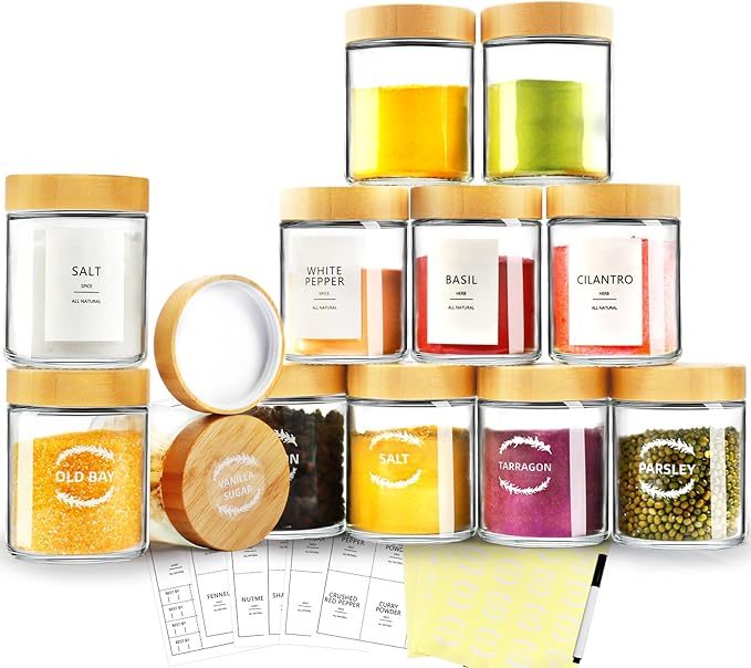 AISIPRIN Spice Jars with Label,12 Pcs 8oz Glass Jars with Bamboo Lids,Spice Organizer for Cabinet,Drawer, Rack, Seasoning Organizer Containers,Including 2 Type Labels-Ruum Studio Home
