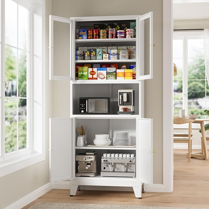 69" Tall Pantry Cabinet, Kitchen Storage Cabinet with 2 Glass Doors and Adjustbale Shelves, Freestanding Metal Cupboards for Dining Room, Living Room, Bathroom-Ruum Studio Home