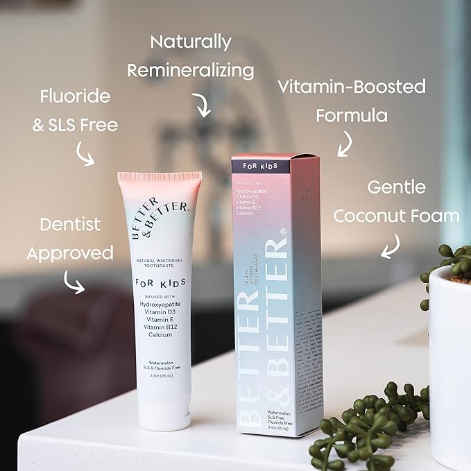 Better & Better Kids Toothpaste | Natural Hydroxyapatite Toothpaste Infused w/Calcium & Vitamins D, E, B12 | Fluoride & SLS Free for Sensitive Brushers | Watermelon Flavor | 3.4oz, 1 Pack-Ruum Studio Home