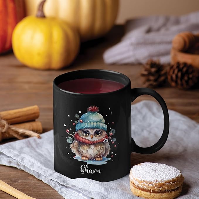 Winter Owl Design Coffee Mug - Custom Christmas Animal Black Cup, Personalized Name Themed 11oz 15oz Ceramic Cup for Owl Lovers, Xmas Decorative Gift-Ruum Studio Home