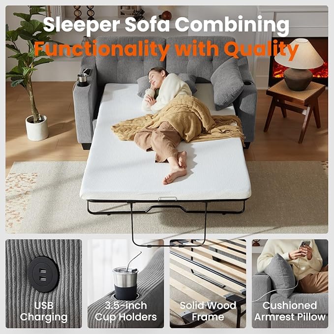 CHIC HOUSE Pull Out Sofa Bed, Full Size Sleeper Sofa, 2-in-1 Convertible Corduroy Couch with USB Charging, Memory Form Couch for Living Room, Apartment and Small Space (Grey, Corduroy - Full Size)-Ruum Studio Home