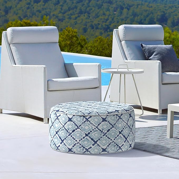 LVTXIII Outdoor Inflatable Ottoman, Fade-Resistant Round Footrest Stool D31”x H14”, Portable Patio Pouf for Garden Camping or Home Use, Boho Geometry Blue-Ruum Studio Home