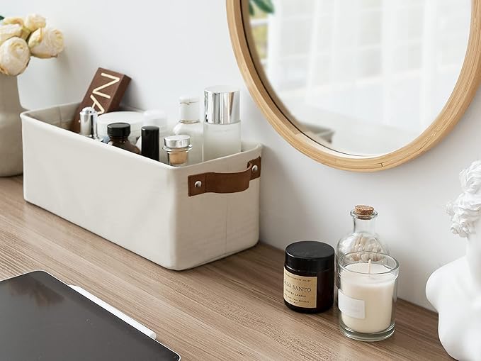 StorageWorks Narrow Storage Bins, Small Basket for Closet and Shelves, Fabric Organizer with Handles, Toilet Paper Storage, Beige, 2-Pack-Ruum Studio Home