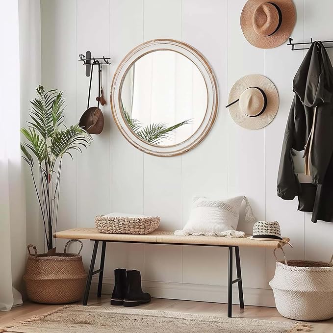Round Bathroom Mirror for Vanity-Distressed Wood Circle Mirror, Farmhouse Entryway Mirror and Decorative Wall Mirrors for Living Room-Ruum Studio Home