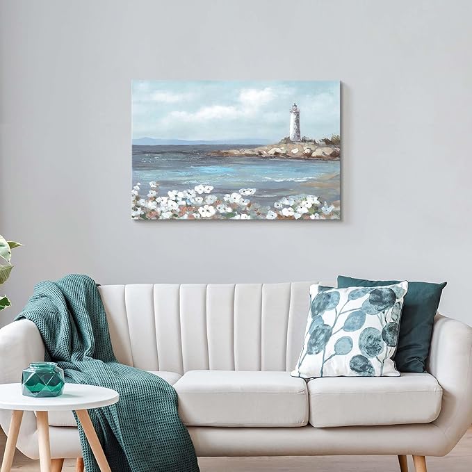 cozy country Lighthouse Wall Art 36"x24" - Coastal Pictures Beach Canvas Ocean Decor - Nautical Artwork Seascape Hand Painting for Bedroom, Sea House-Ruum Studio Home