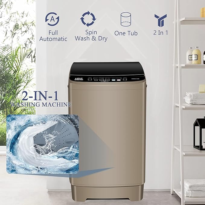 Full Automatic Washing Machine with LED Display, 17.7 lbs Portable Washer Drain Pump, 10 Programs & 8 Water Levels Selections, Ideal for RV, Camping, Apartment, Dorm, Gold-Ruum Studio Home