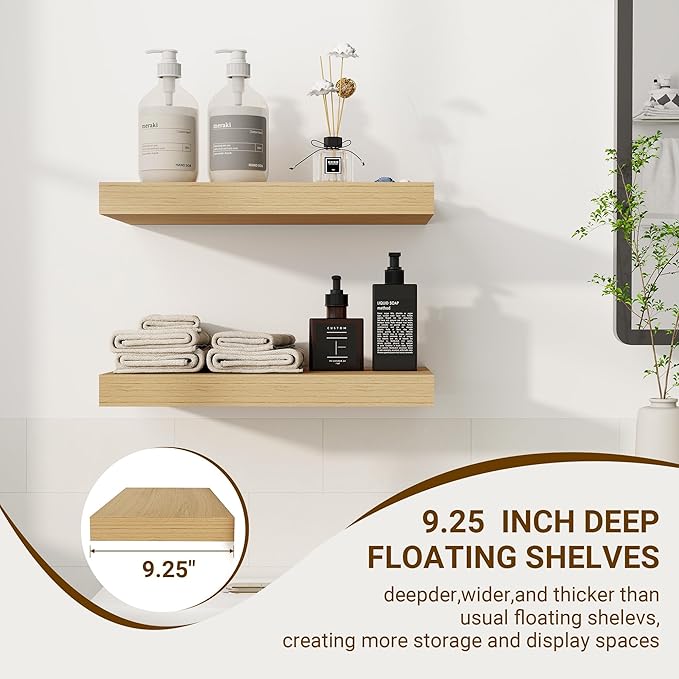 16 Inch Floating Shelves, 3D Textured Wood Grain, 16"x9.25"x1.5" Inch Deep Floating Shelves for Wall, Wooden Shelves for Bathroom, Bedroom, Living Room, Natural-Ruum Studio Home