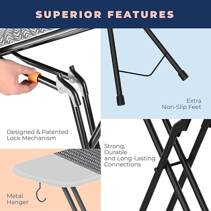 Happhom Ironing Board, Compact and Space Saver Iron Board, Safety Ironing with Park Zone and 4 Layers Extra Thick Cover, Patented Lock System for Foldable Leg, Easy Storage with Smart Hanger (13x43)-Ruum Studio Home