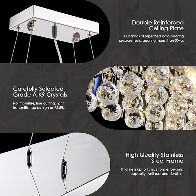 Siljoy Modern Rectangular Crystal Chandelier, 47" Rectangle Raindrop Hanging Ceiling Pendant Light Fixture Adjustable Height for Kitchen Island Dining Room, Polished Chrome Finish, L47 x W10 x H10-Ruum Studio Home