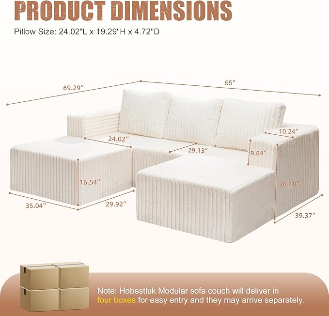 Hobestluk Modular Sectional Sofa Memory Foam Couch Oversized Sectional Sofa 3-Seater with Chaises Cloud Couch with Removable Cover U Shaped Sofa for Living Room (Strip White, U Shape)-Ruum Studio Home