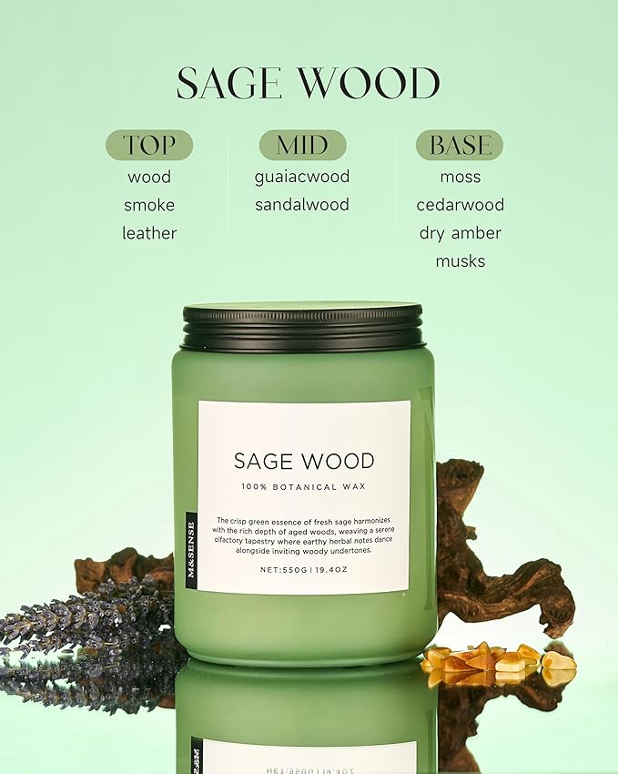 M&SENSE Sage Wood Scented Candle, 19.4oz 110 Hours Long Lasting Clean Non Toxic All Natural Soy Wax Candle for Relaxing & Stress Relief, 2 Wick Home Fragrance Gifts for Home Decor-Ruum Studio Home