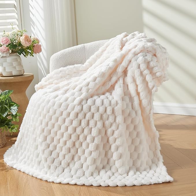 NEWCOSPLAY Super Soft Twin Blanket Ivory Premium Silky Flannel Fleece 3D Clouds Stylish Jacquard Lightweight Bed Blanket All Season Use 350GSM (Ivory, Twin(60"x80"))-Ruum Studio Home