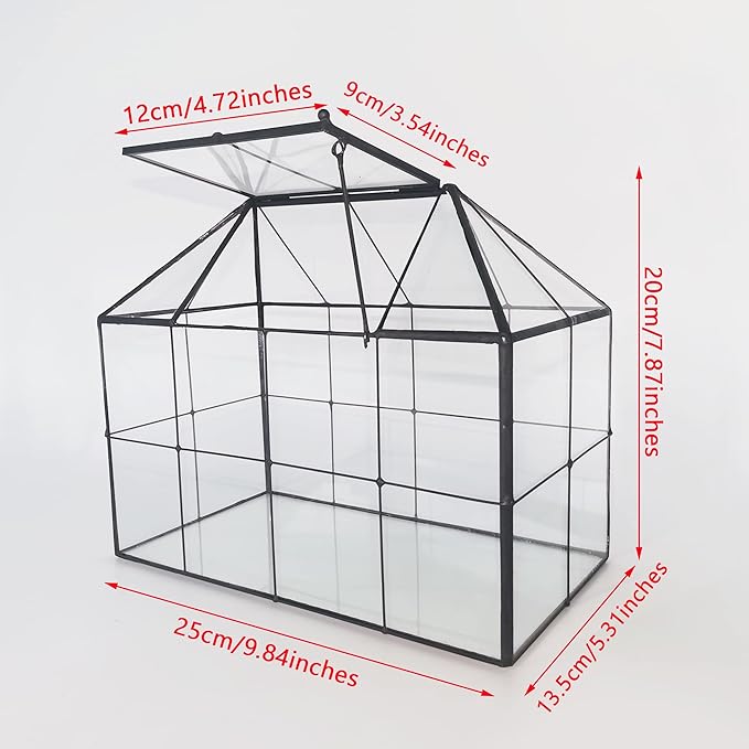 NCYP Glass Terrarium Planter with Lid for Small Succulent Cacti, Grid House Shape Black Geometric Terrarium Pot, Home Garden Indoor Tabletop Decor, 9.84" x 5.31" x 7.87" (No Plants)-Ruum Studio Home
