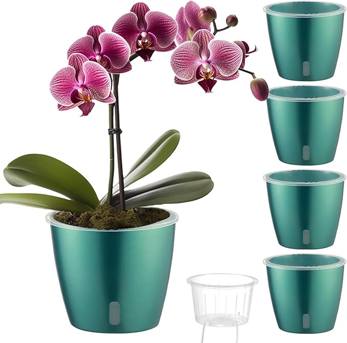 Self Watering Pots for Indoor Plants, 4-Pack 6.7'' Self Watering Planter with Drainage Holes, Small African Violet Pots with Water Indicator, Clear Wick Orchid Pot, Blue Gold-Ruum Studio Home