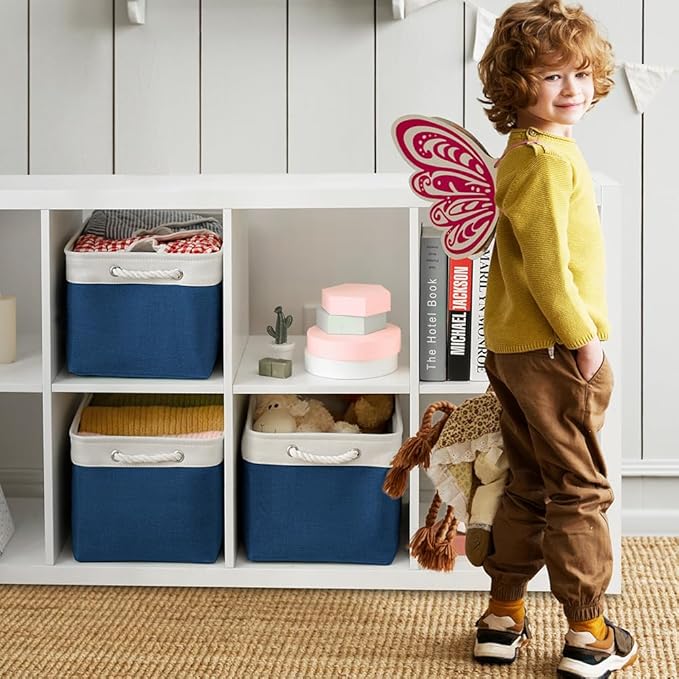 TheWarmHome Organization and Storage for Organizing - 3 Pack 16x12x12 inch Cube Storage Bin for Shelves, Fabric Storage Cubes for Closet Cloth Organizer Gift Toy (White & Jean Blue)-Ruum Studio Home