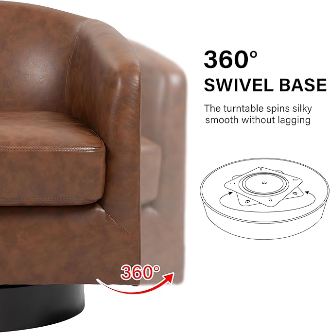Swivel Barrel Accent Chair, Modern Round Faux Leather Arm Chair for Living Room, Bedroom, Comfy Club Reading Chairs for Adults(Faux Leather, Coffee, Set of 1)-Ruum Studio Home