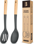 Silicone Cooking Spoons, Great for Scooping Sides and Serving Hearty Stews, BPA-Free Matte Silicone, Wooden Handle Serving Spoon for Nonstick Cooking Surfaces (Grey)-Ruum Studio Home