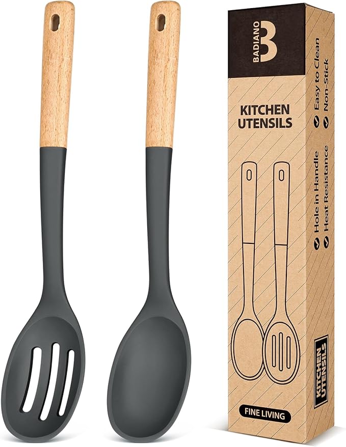 Silicone Cooking Spoons, Great for Scooping Sides and Serving Hearty Stews, BPA-Free Matte Silicone, Wooden Handle Serving Spoon for Nonstick Cooking Surfaces (Grey)-Ruum Studio Home