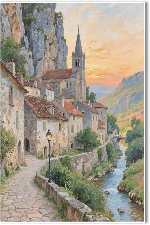 Small town scenery poster on the bank of the mountain stream is suitable for living room bedroom and office natural oil painting poster-Ruum Studio Home