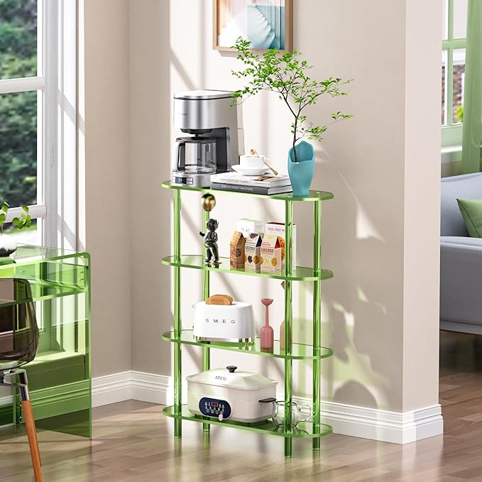 Clear Bookshelf, Acrylic Bookcase with Open Book Shelf Console Table for Entryway Office (4 Tier Green)-Ruum Studio Home