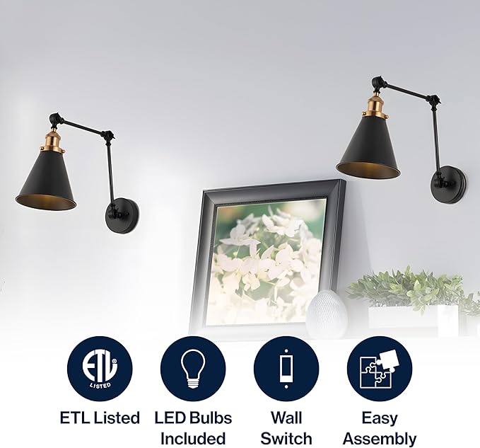 JONATHAN Y JYL7462A-SET2 Rover 7" Farmhouse Industrial Adjustable Arm Metal LED Wall Sconce Rustic Bohemian 2700K 4W Bulb for Entryway Lobby Kitchen Bathroom Bedroom Hallway, Black (Set of 2)-Ruum Studio Home