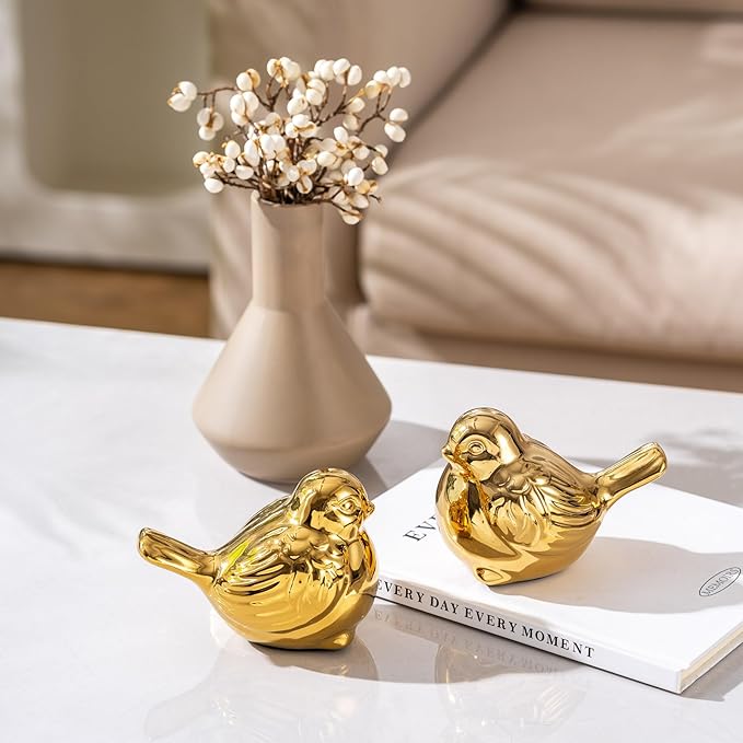 Set of 2 Small Birds Statues Gold Home Decor Modern Boho Style Figurine Decorative Ornaments for Living Room, Bedroom, Office Desktop, Cabinets, Shelf-Ruum Studio Home