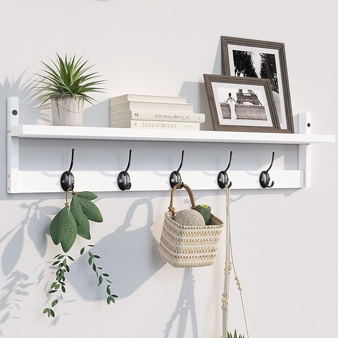 BAMEOS Wall-Mounted Wood Shelf with 5 Dual Hooks for Bathroom, Living Room, Bedroom (White-with Shelf)-Ruum Studio Home