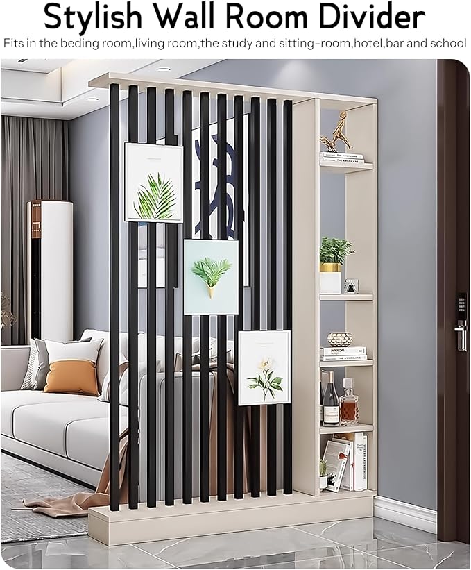 Wall Room Divider, Storage Cabinet Storage Display with Shelves, Modern Freestanding Wood Room Divider Screen, Wall Privacy Screens for Home Decorative (Beige+Black,55" L x 9.5" W x 79.5" H)-Ruum Studio Home