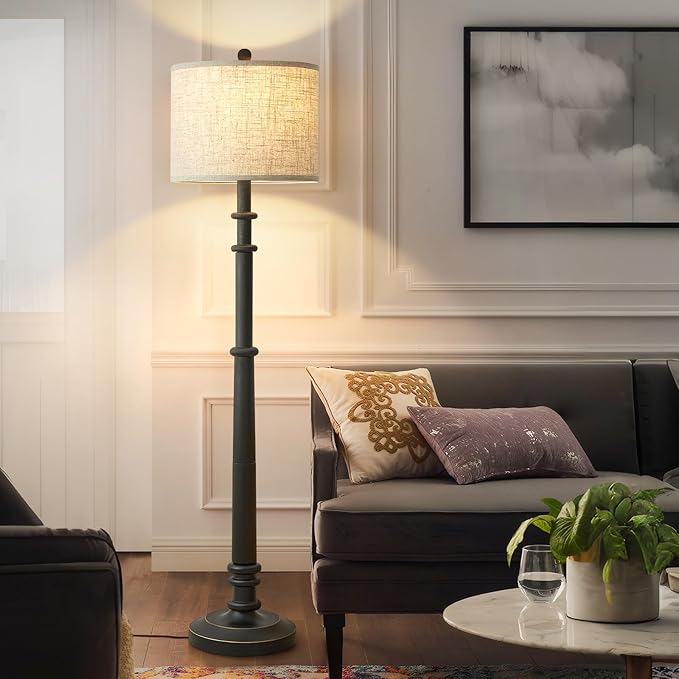 Floor Lamps for Living Room - 60" Resin Farmhouse Floor Lamp with 3 Color Temperatures - Vintage Standing Lamp Reading Light with Linen Shade Retro Tall Lamp for Bedroom Office, Black-Ruum Studio Home