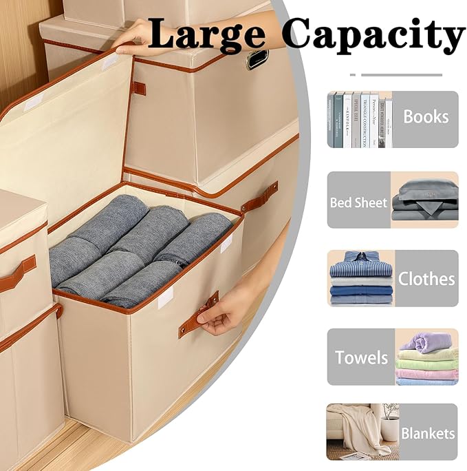 Tuza 4 Pack Large Fabric Storage Bins with Lids, Foldable Storage Boxes with Lids for Organizing, Decorative Storage Boxes with Handles for Home, Bedroom, Closet, Office(Khaki, Large)-Ruum Studio Home