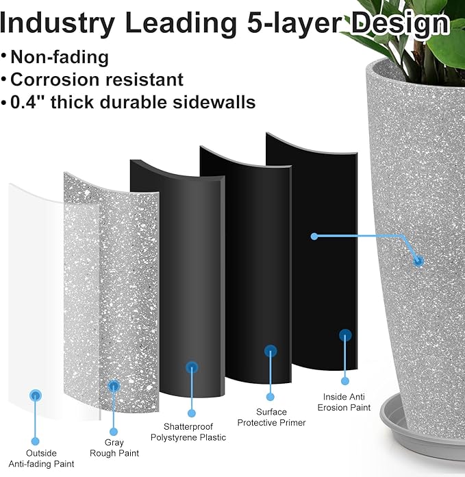 Tall Flower Pot Indoor - Outdoor Plant Pot - Gray Rough Planter - Elegant Stone Imitation - 12" Diameter 21" Tall with Drainage Holes and Saucer-Ruum Studio Home
