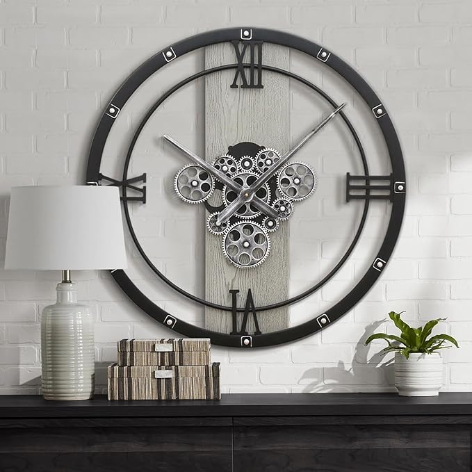 Micasso 24 inch Large Real Moving Gears Wall Clock: Black Industrial Steampunk Roman Numeral Clock - Modern Wall Decor for Living Room/Entryway/Office-Ruum Studio Home