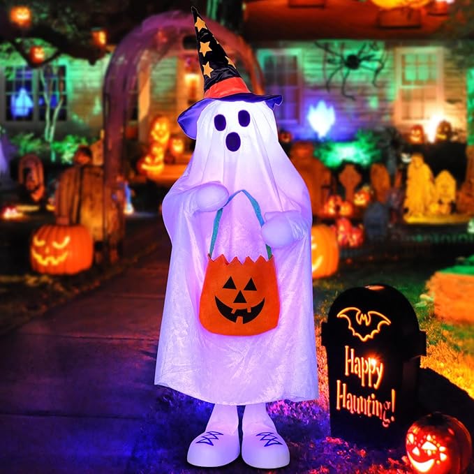 Halloween Decorations Ghost Decor Light-Up Color-Changing Spooky Ghost Porch Decorations Trick or Treater with Candy Pocket, Ghost Halloween Decor for Yard Lawn Home Indoor Outdoor 1PACK 38" H-Ruum Studio Home