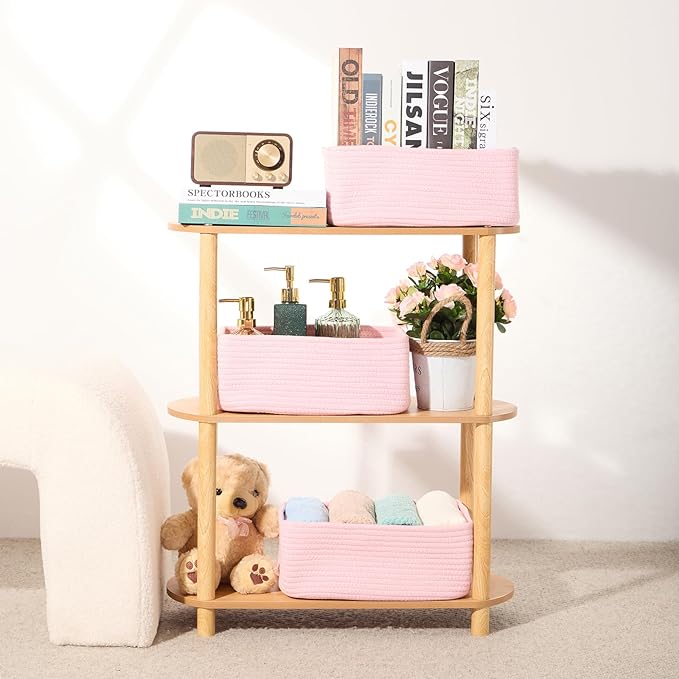 Small Storage Baskets for Organizing | Closet Organizer Bins | Shelf Toy Basket | Woven Rope Baskets | Cube Decorative Box | Shallow Basket | 13x8.5x5.1” | 3 Packs Pink-Ruum Studio Home