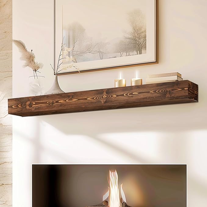 60x8x5 Fireplace Mantel - Handcrafted Hollow Rustic Solid Wood Wall Mounted Floating Shelf with Invisible Heavy Duty Wood Bracket (Weathered Brown)-Ruum Studio Home