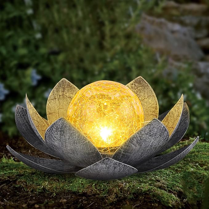 Garden Solar Light Outdoor(2Pack), Amber Crackle Globe Glass Lotus Decoration, Waterproof Gary Metal LED Flower Lights for Patio,Lawn,Walkway,Tabletop, Garden Gifts for Women-Ruum Studio Home